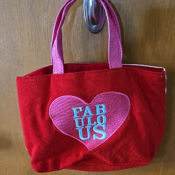 Vintage Bath & Body Works Red Heart Canvas Tote Bag with Pink Handles - Picture 3 of 4